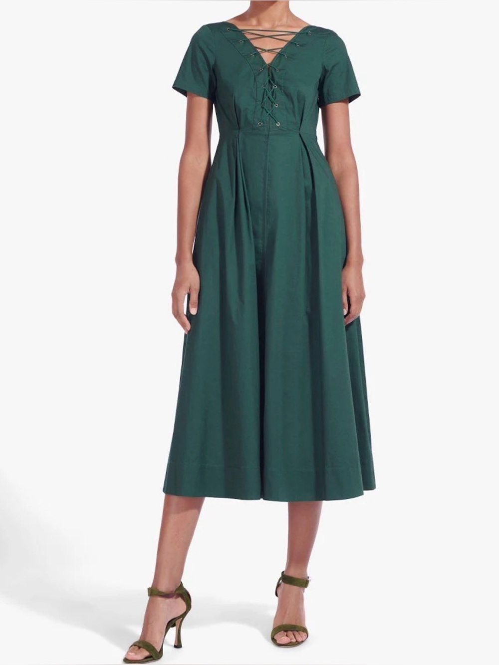 NWT STAUD Saint Dress Forest Green Lace-Up Midi Dress Size 4